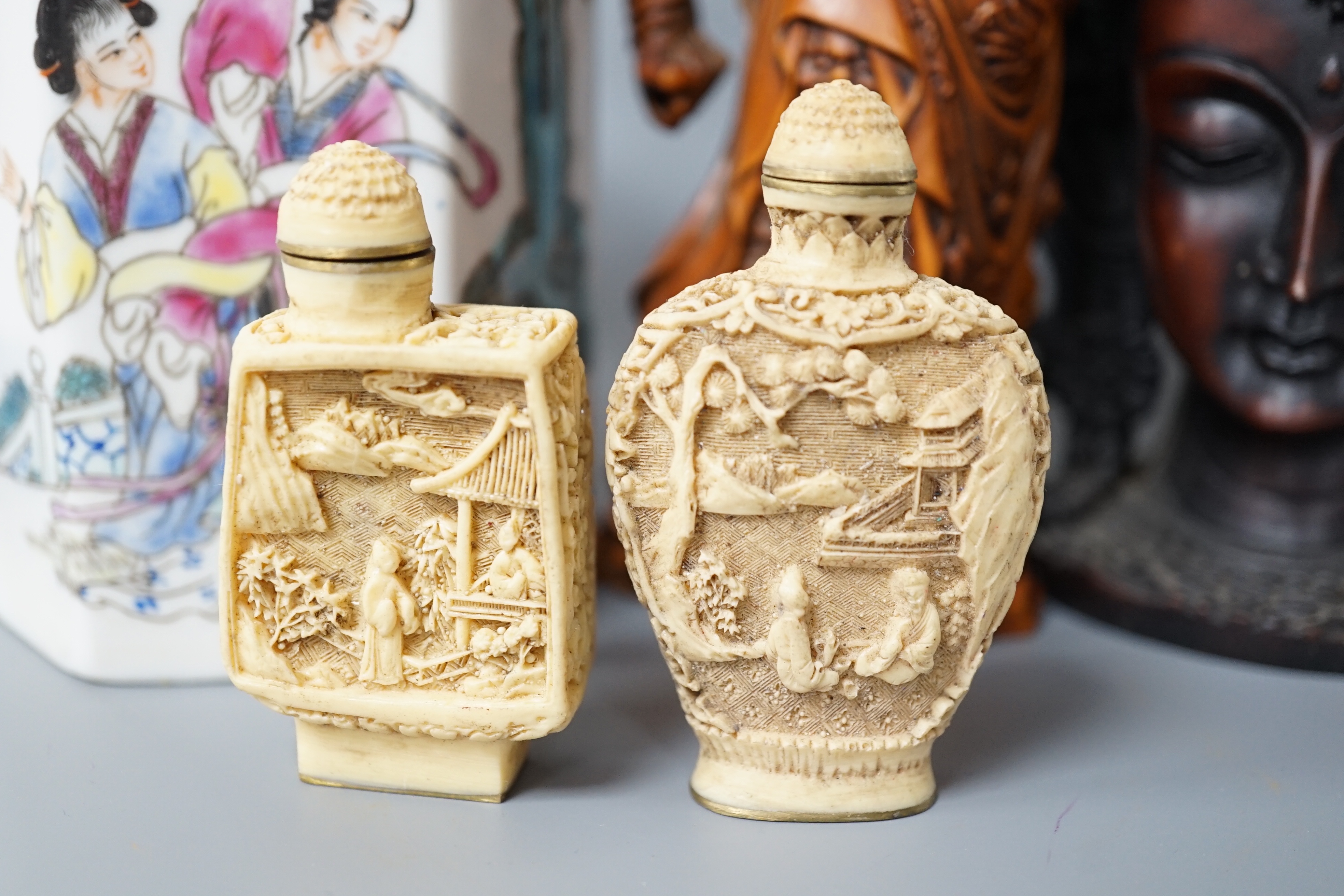A Chinese famille rose brush pot together with other various oriental ceramics and figures (12)